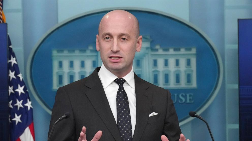 PHOTO: White House deputy chief of staff for policy Stephen Miller speaks with reporters in the James Brady Press Briefing Room at the White House, Feb. 20, 2025, in Washington.