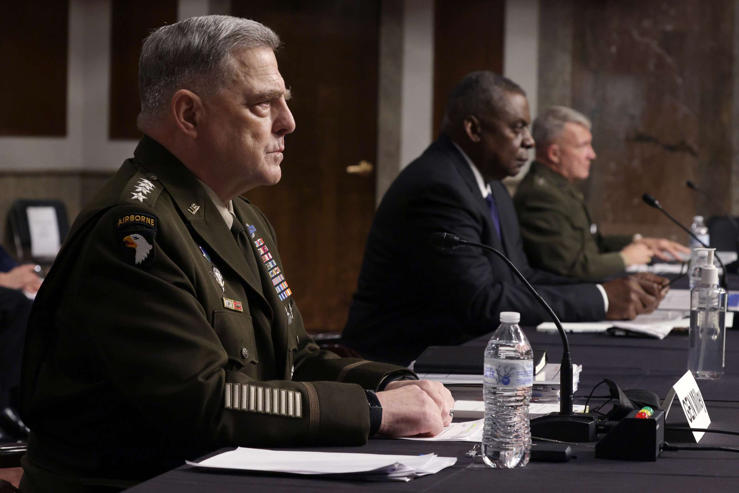 PHOTO: Chairman of the Joint Chiefs of Staff Gen. Mark Milley, Secretary of Defense Lloyd Austin and Commander of U.S. Central Command Gen. Kenneth McKenzie testify before Senate Armed Services Committee, Sept. 28, 2021, in Washington, D.C.