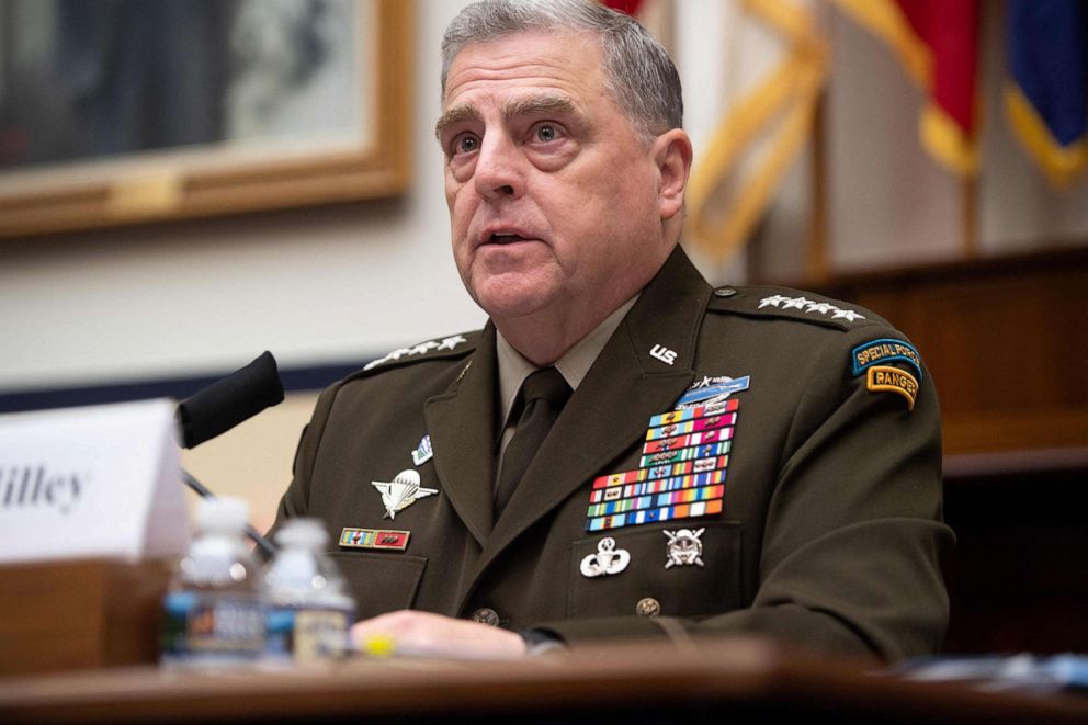 PHOTO: General Mark Milley, Chairman of the Joint Chiefs of Staff, testifies on the department's fiscal year 2022 budget request during a House Armed Services Committee hearing on Capitol Hill in Washington, D.C., June 23, 2021.
