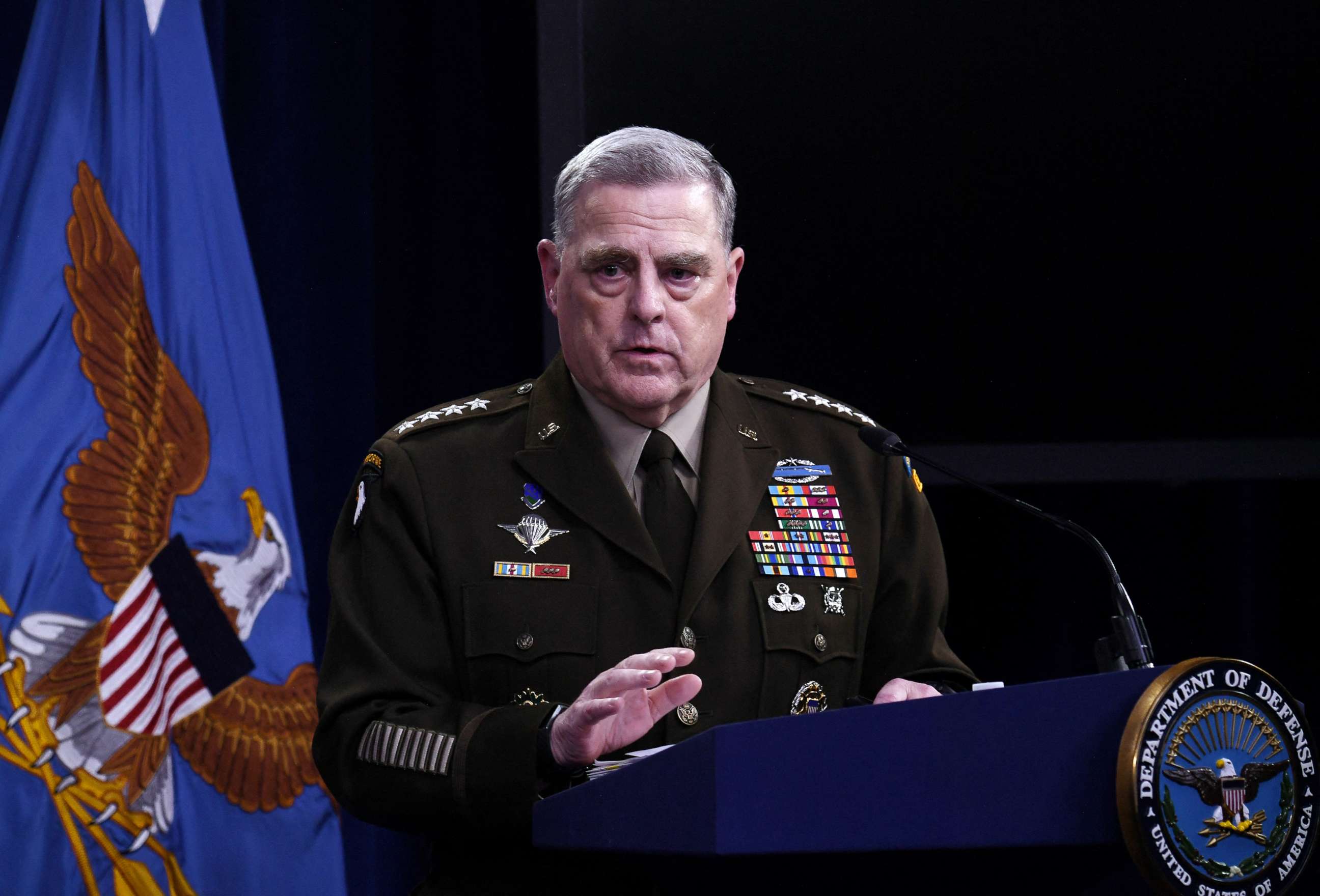 PHOTO: Chairman of the Joint Chiefs of Staff General Mark Milley speaks to the press on Aug. 18, 2021 at the Pentagon in Washington.