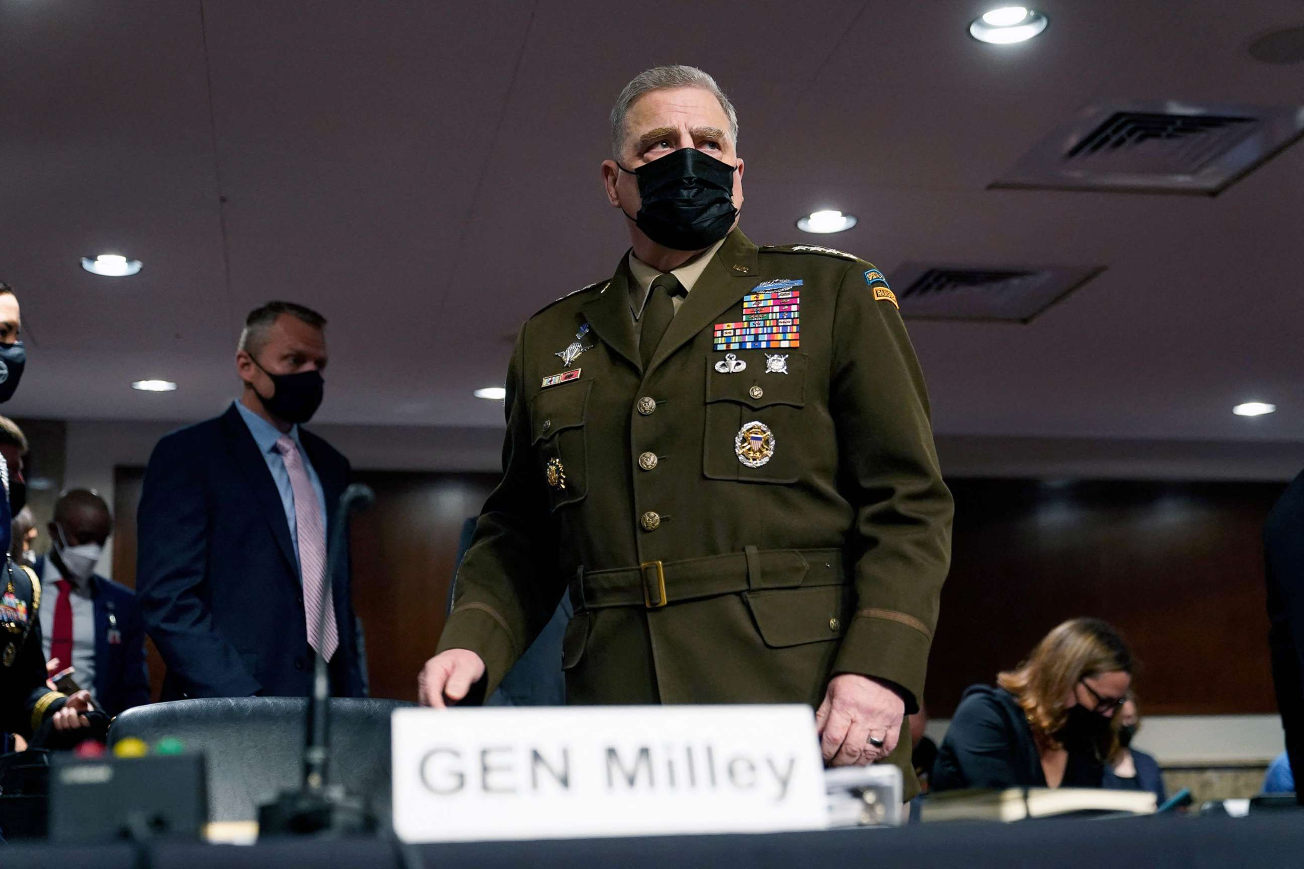 PHOTO: Chairman of the Joint Chiefs of Staff Gen. Mark Milley arrives before a Senate Armed Services Committee hearing on the conclusion of military operations in Afghanistan on Capitol Hill in Washington, D.C., Sept. 28, 2021. 