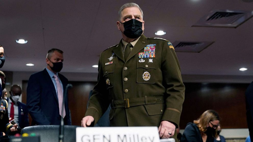 PHOTO: Chairman of the Joint Chiefs of Staff Gen. Mark Milley arrives before a Senate Armed Services Committee hearing on the conclusion of military operations in Afghanistan on Capitol Hill in Washington, D.C., Sept. 28, 2021. 