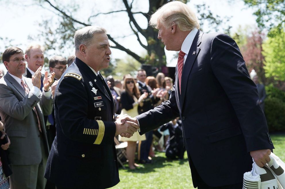 PHOTO: President Donald Trump shakes hands with U.S. Army Chief of Staff Mark Milley during a Rose Garden, May 1, 2018, at the White House in Washington.