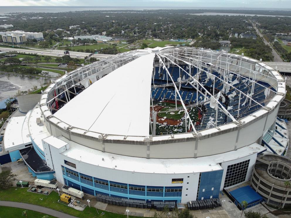 PHOTO: A drone image shows the dome of Tropicana Field which has been torn open due to Hurricane Milton in St. Petersburg, Florida, Oct. 10, 2024. 