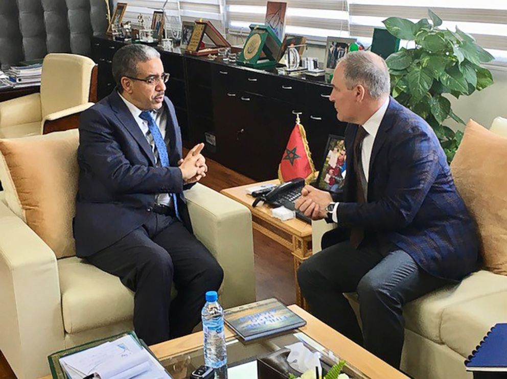 PHOTO: EPA Administrator Scott Pruitt, right, meets with Moroccan Minister of Energy, Mines and Sustainable Development, Aziz Rabbah during a trip to Morocco in December of 2017.