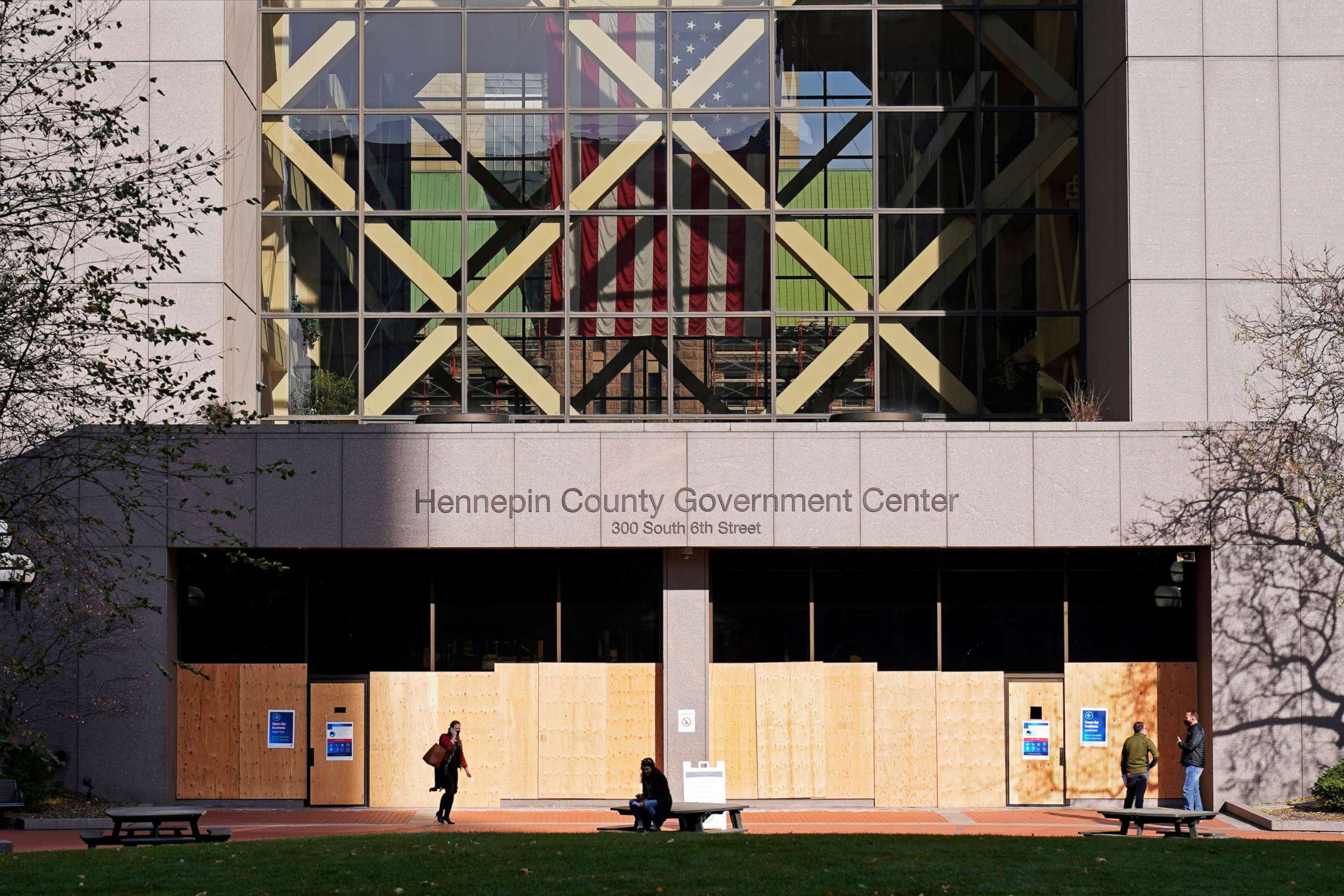 PHOTO: The Government Center, though open for business, remains boarded up, Nov. 2, 2020, in Minneapolis ahead of Tuesday's general election.