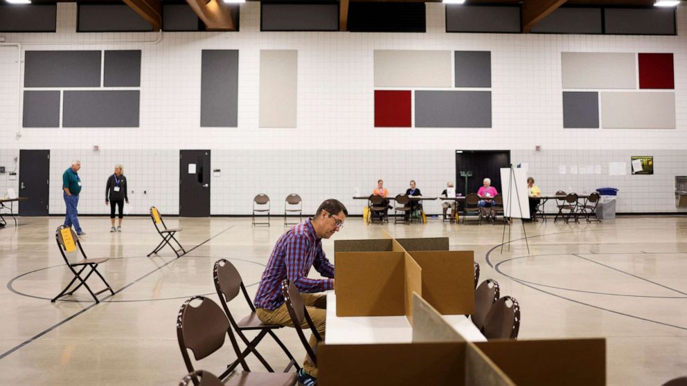 PHOTO: A voter casts his ballot in the Minnesota state primary elections in Saint Peter, Minn., Aug 9, 2022. 