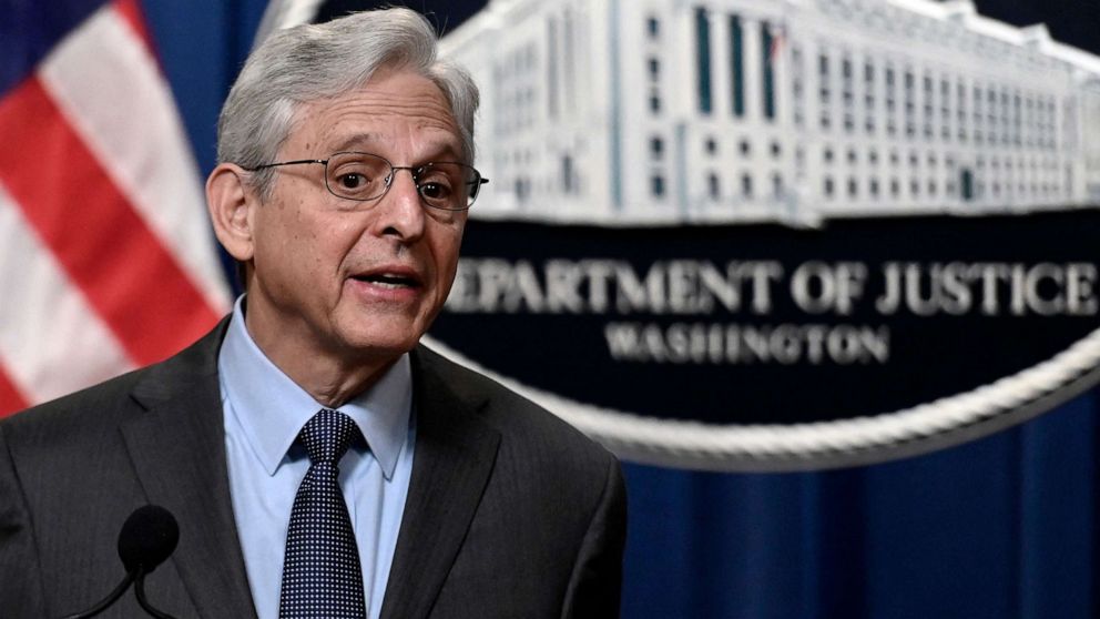 PHOTO: PHOTO: US Attorney General Merrick Garland speaks during a news conference at the Justice Department in Washington, April 1, 2022. 