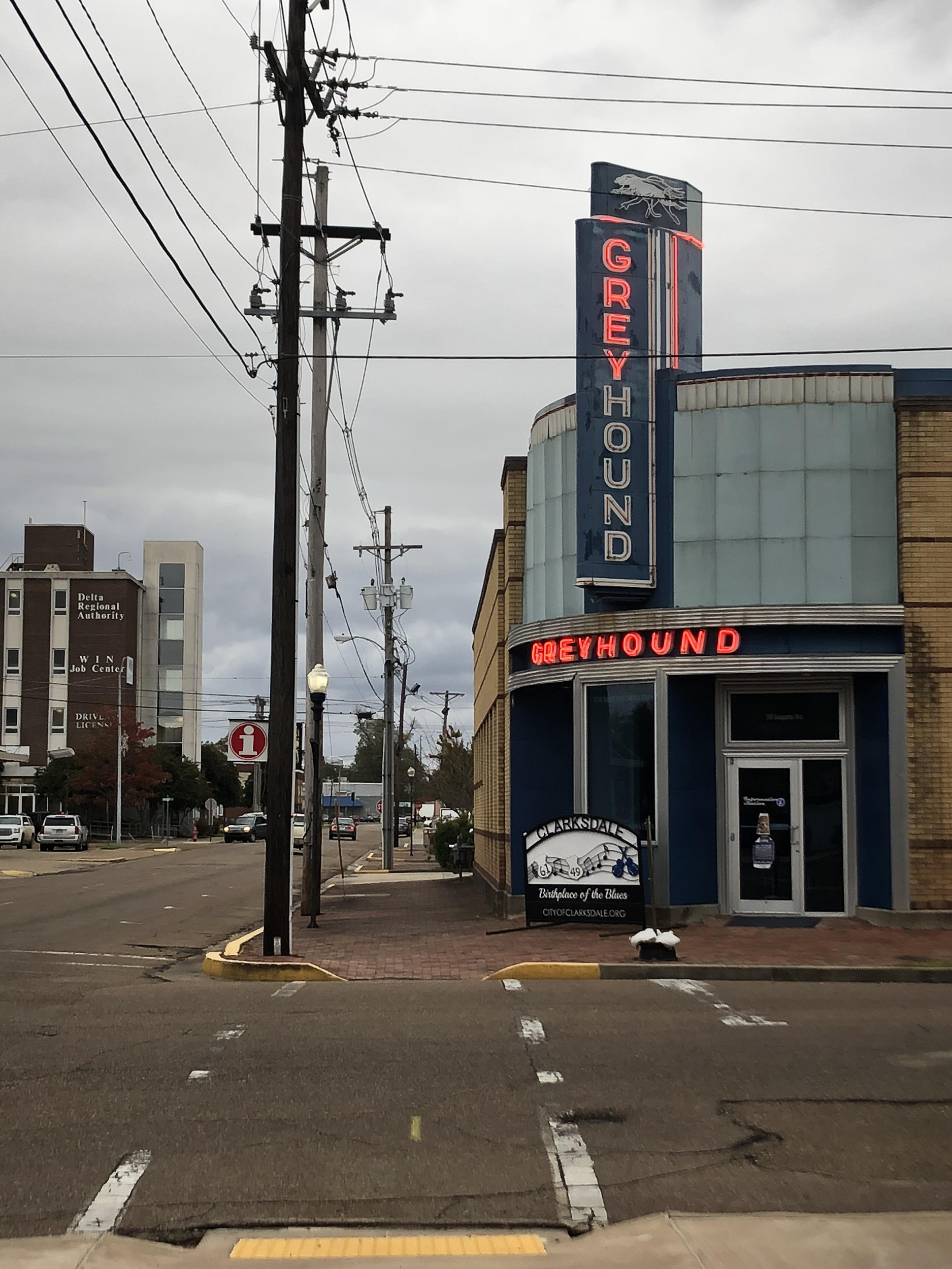 PHOTO: A neon sign is partially lit at a former Greyhound Bus Station in Clarksdale, Miss., Oct. 26, 2018.