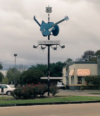 PHOTO: A sign marks the legendary crossroads at the intersection of Highway 61 and 49 in Clarksdale, Miss., Oct. 26, 2018.