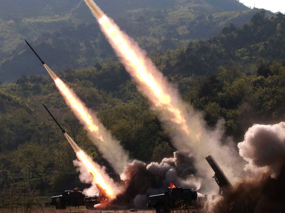 PHOTO: This May 9, 2019 picture released from North Koreas official Korean Central News Agency (KCNA) on May 10, 2019 shows rocket launchers firing during the strike drill in on the western front of North Korea.