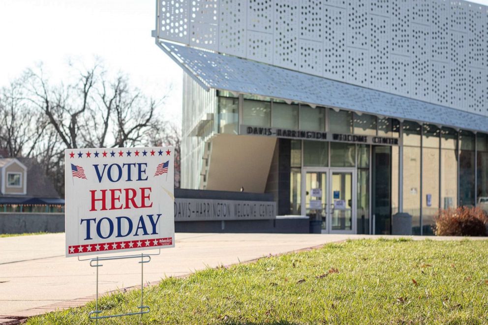 PHOTO: A "Vote Here Today" sign sits outside of Missouri State's Davis-Harrington Welcome Center min Springfield, Mo., April 5, 2022.