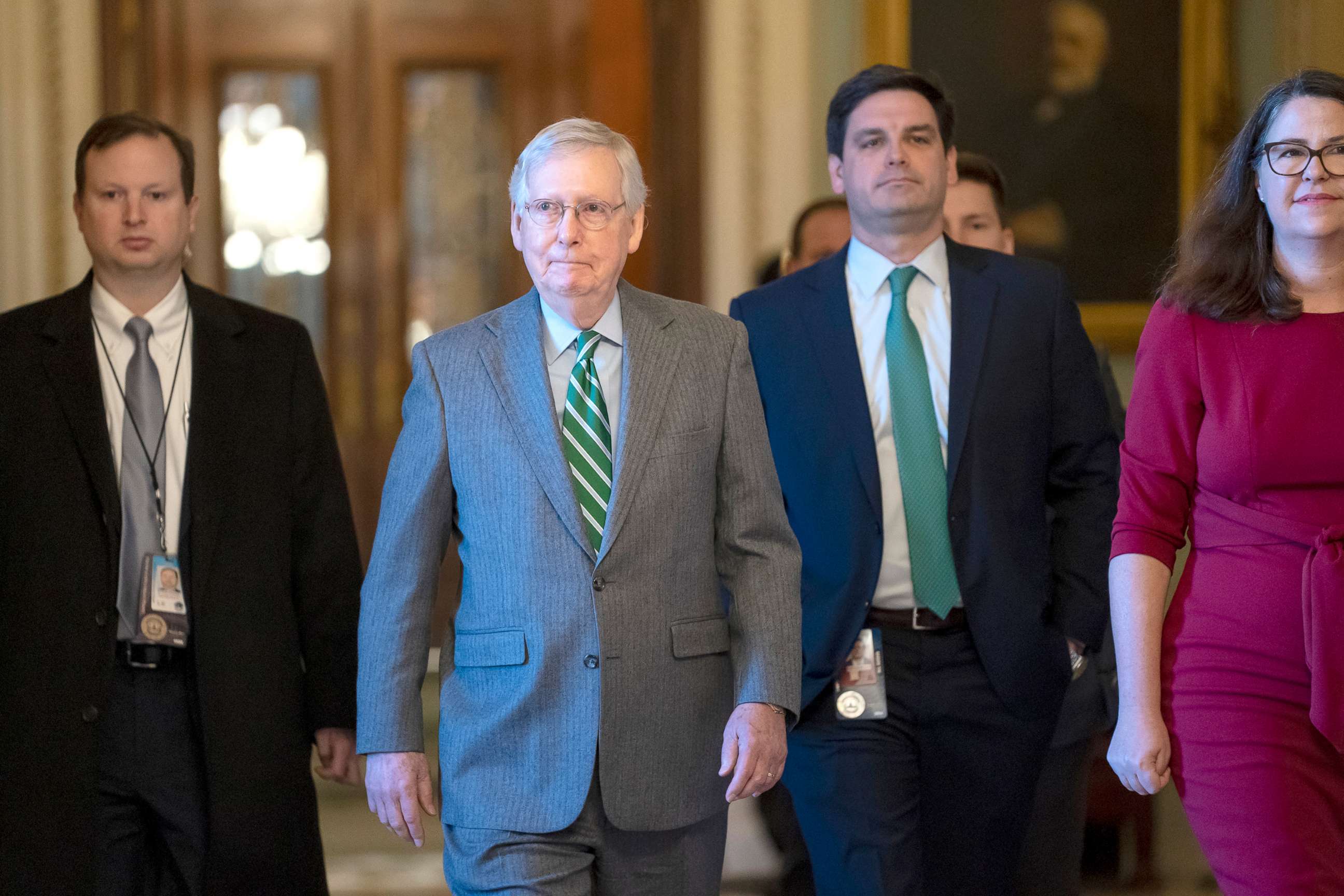 PHOTO: Senate Majority Leader Mitch McConnell, R-Ky., leaves the Senate chamber at the Capitol, Jan. 16, 2020.  