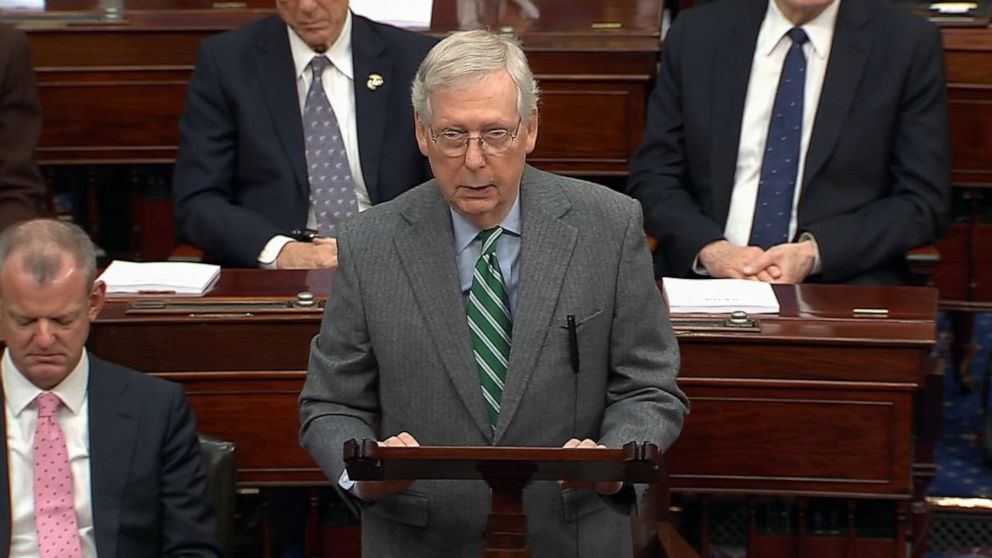 PHOTO: Majority Leader Sen. Mitch McConnell speaks as the impeachment trial against President Donald Trump begins in the Senate at the Capitol.