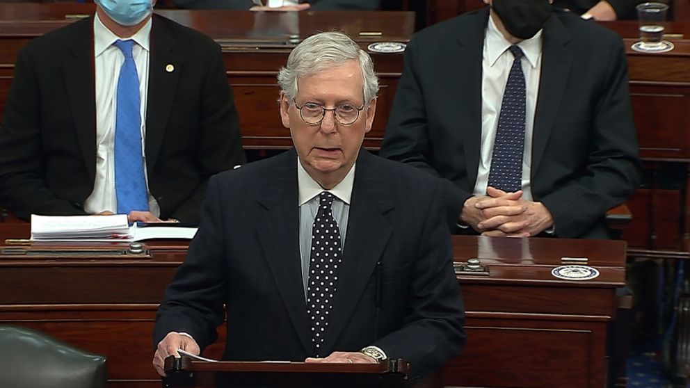 PHOTO: In this image from video, Senate Majority Leader Mitch McConnell speaks as the Senate reconvenes after protesters stormed the Capitol, Jan. 6, 2021.