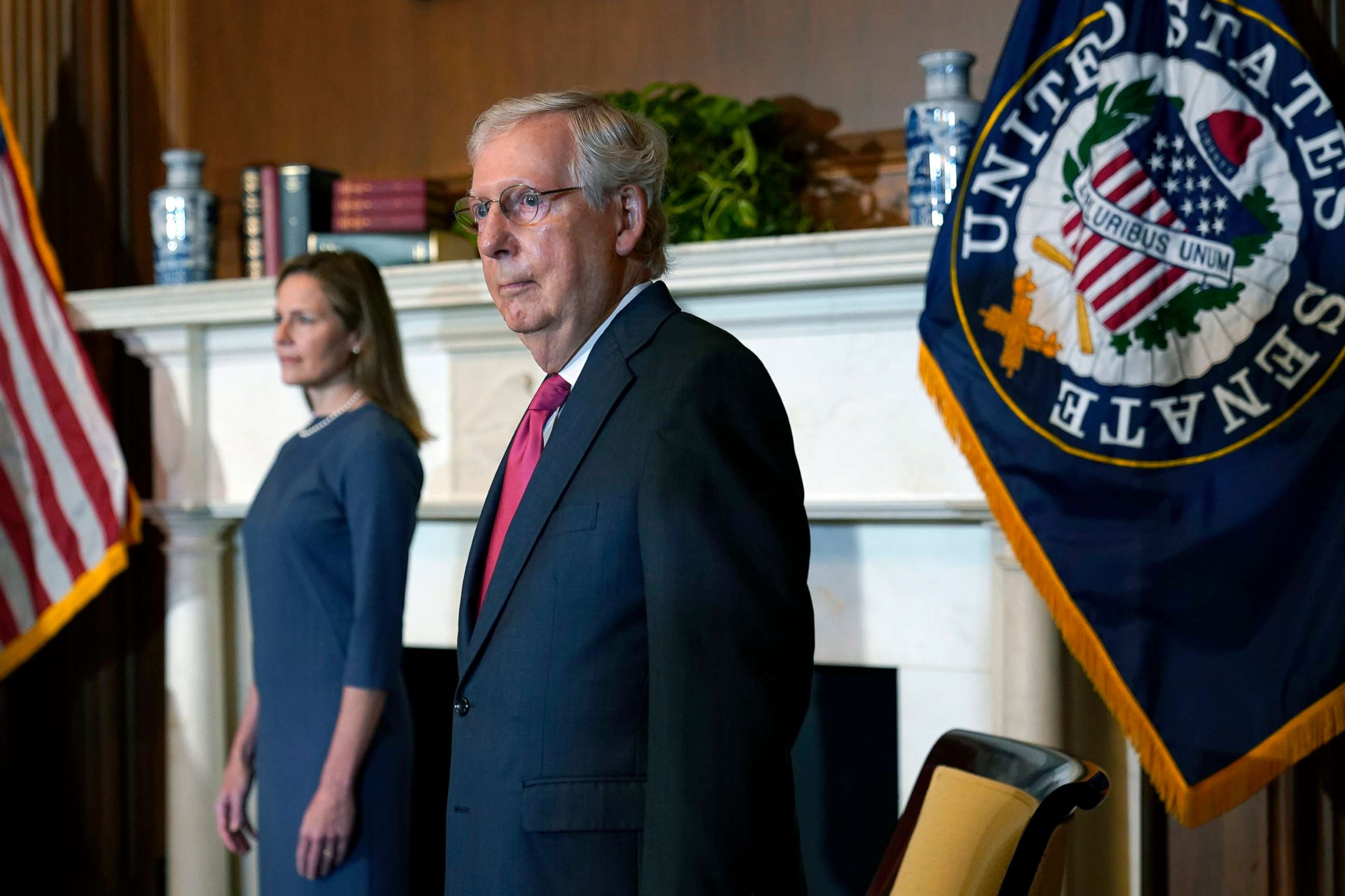 PHOTO: Senate Majority Leader Mitch McConnell (R-KY) meets with Seventh U.S. Circuit Court Judge Amy Coney Barrett (L), President Donald Trump's nominee for the Supreme Court, on Capitol Hill, Sept. 29, 2020.