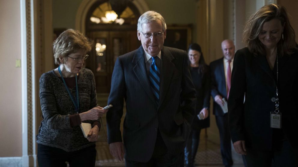 PHOTO: Senate Majority Leader Mitch McConnell (R-KY) leaves the Senate floor and walks to his office on Capitol Hill, Jan. 21, 2018. Lawmakers are convening for a Sunday session to try to resolve the government shutdown. 