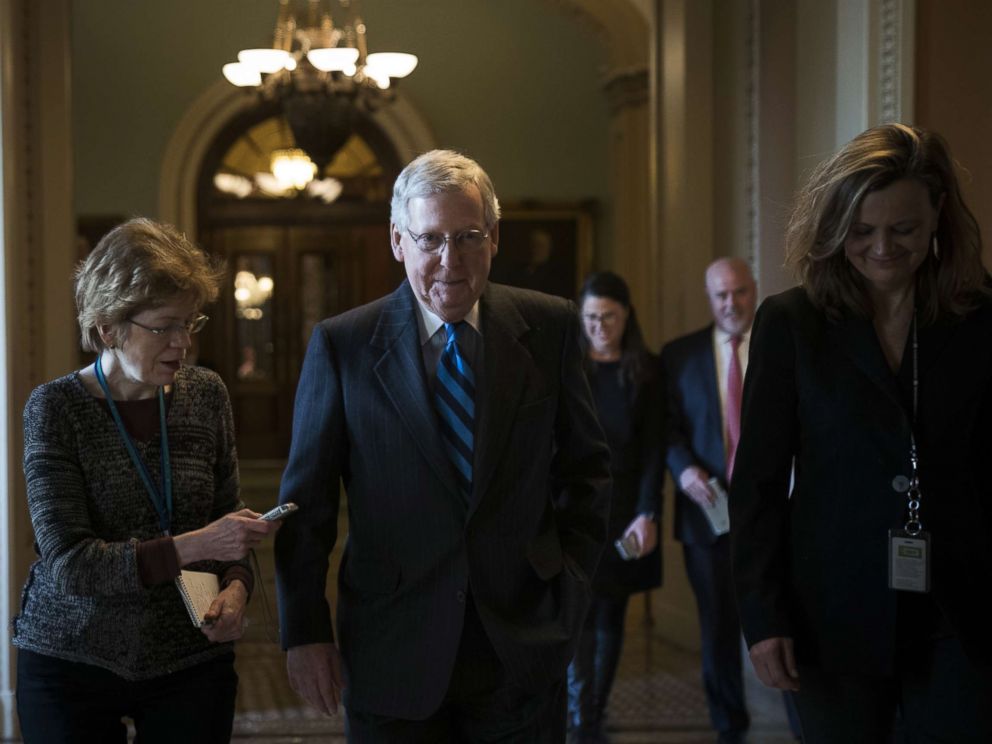 PHOTO: Senate Majority Leader Mitch McConnell (R-KY) leaves the Senate floor and walks to his office on Capitol Hill, Jan. 21, 2018. Lawmakers are convening for a Sunday session to try to resolve the government shutdown.
