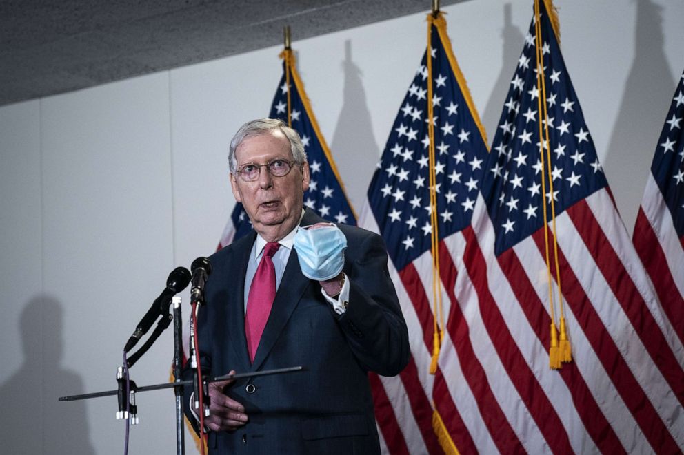 PHOTO: Senate Majority Leader Mitch McConnell (R-KY) speaks to the press after a meeting with Republican Senators in the Hart Senate Office Building on Capitol Hill, May 19, 2020.