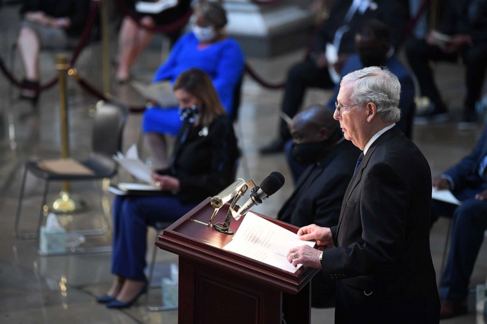 PHOTO: Senate Majority Leader Mitch McConnell speaks at the beginning of the memorial service for Rep. John Lewis, D-GA, as he arrives to lie in state in the Rotunda of the Capitol in Washington, D.C., July 27, 2020. 