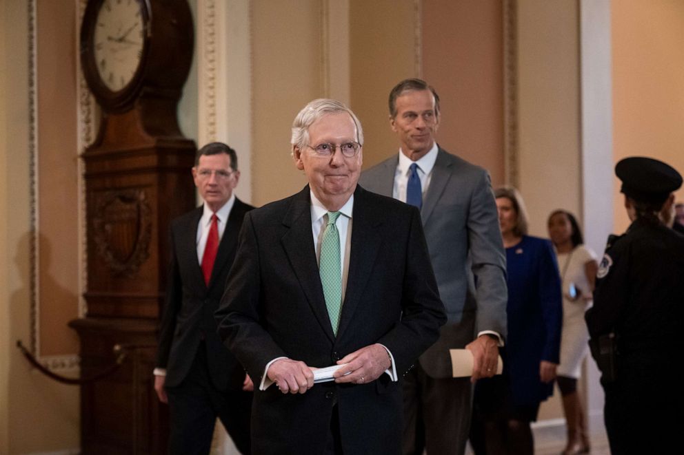 PHOTO: Senate Majority Leader Mitch McConnell arrives to speak to reporters at the Capitol in Washington, Dec. 17, 2019.