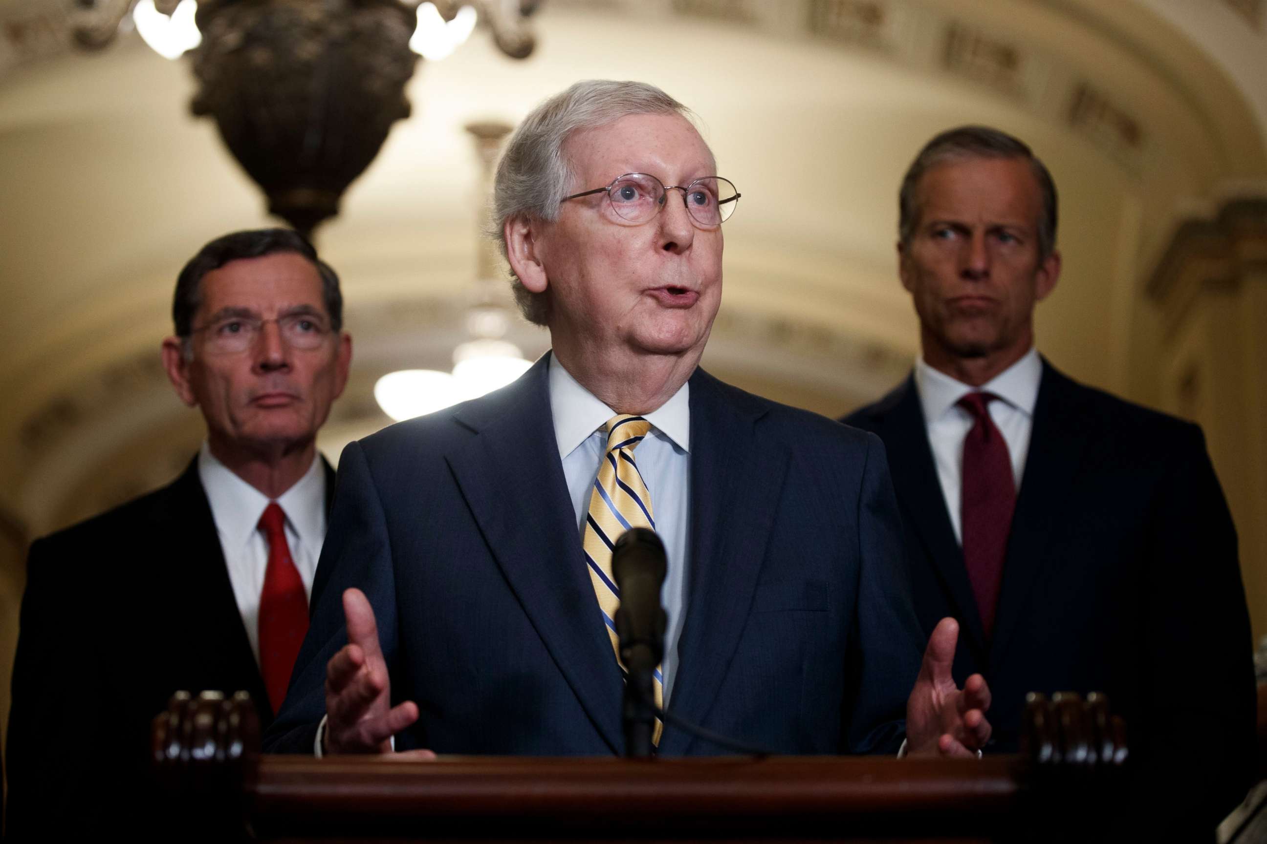 PHOTO: Senate Majority Leader Mitch McConnell responds to a question from the news media during a press conference in the Ohio Clock Corridor of the US Capitol in Washington, DC, July 9, 2019.