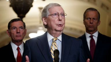 PHOTO: Senate Majority Leader Mitch McConnell responds to a question from the news media during a press conference in the Ohio Clock Corridor of the US Capitol in Washington, DC, July 9, 2019.