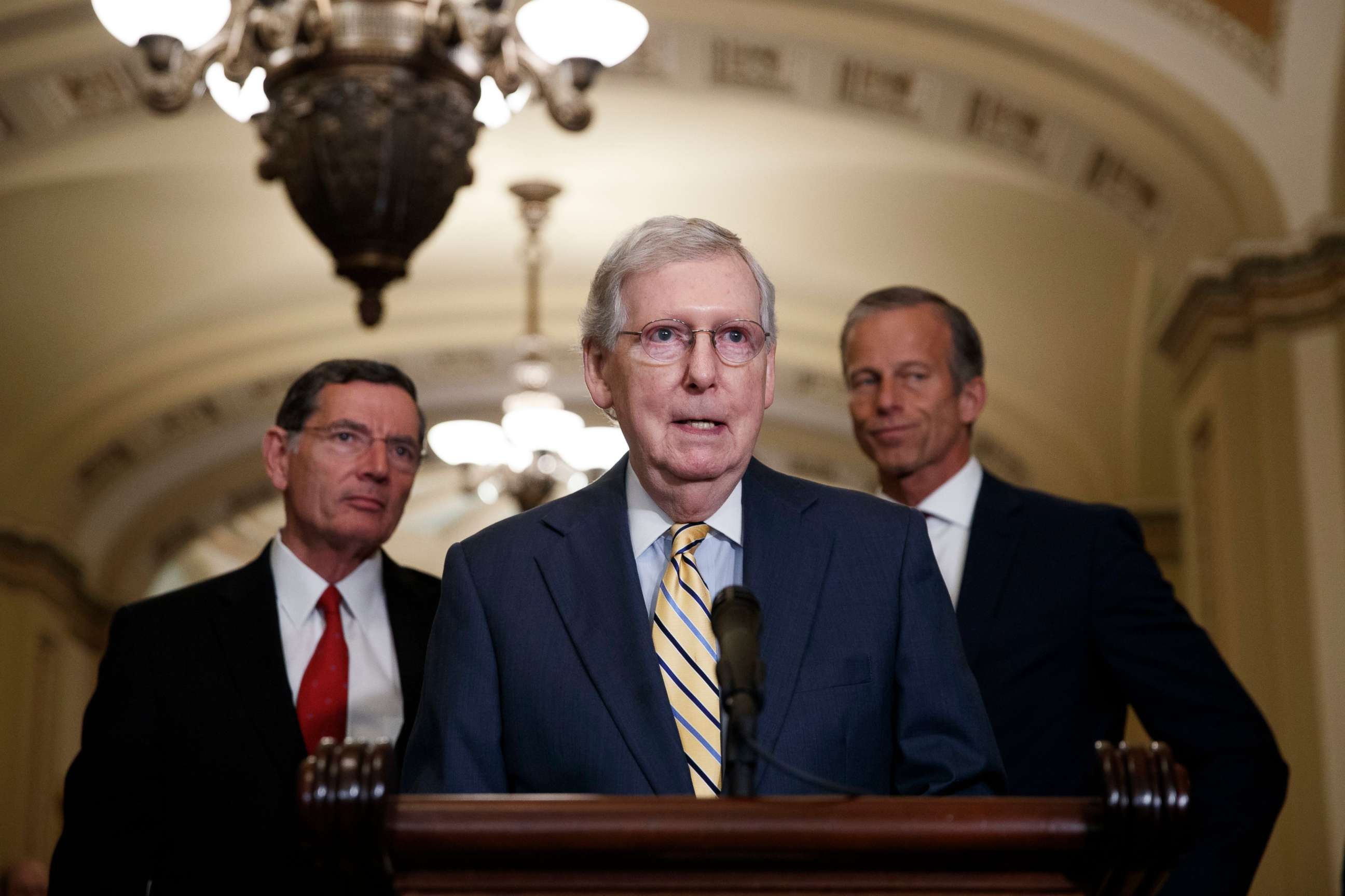 PHOTO: Senate Majority Leader Mitch McConnell responds to a question from the news media during a press conference in the Ohio Clock Corridor of the U.S. Capitol in Washington, July 9, 2019.