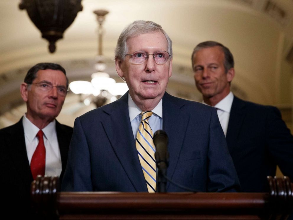 PHOTO: Senate Majority Leader Mitch McConnell responds to a question from the news media during a press conference in the Ohio Clock Corridor of the U.S. Capitol in Washington, July 9, 2019.