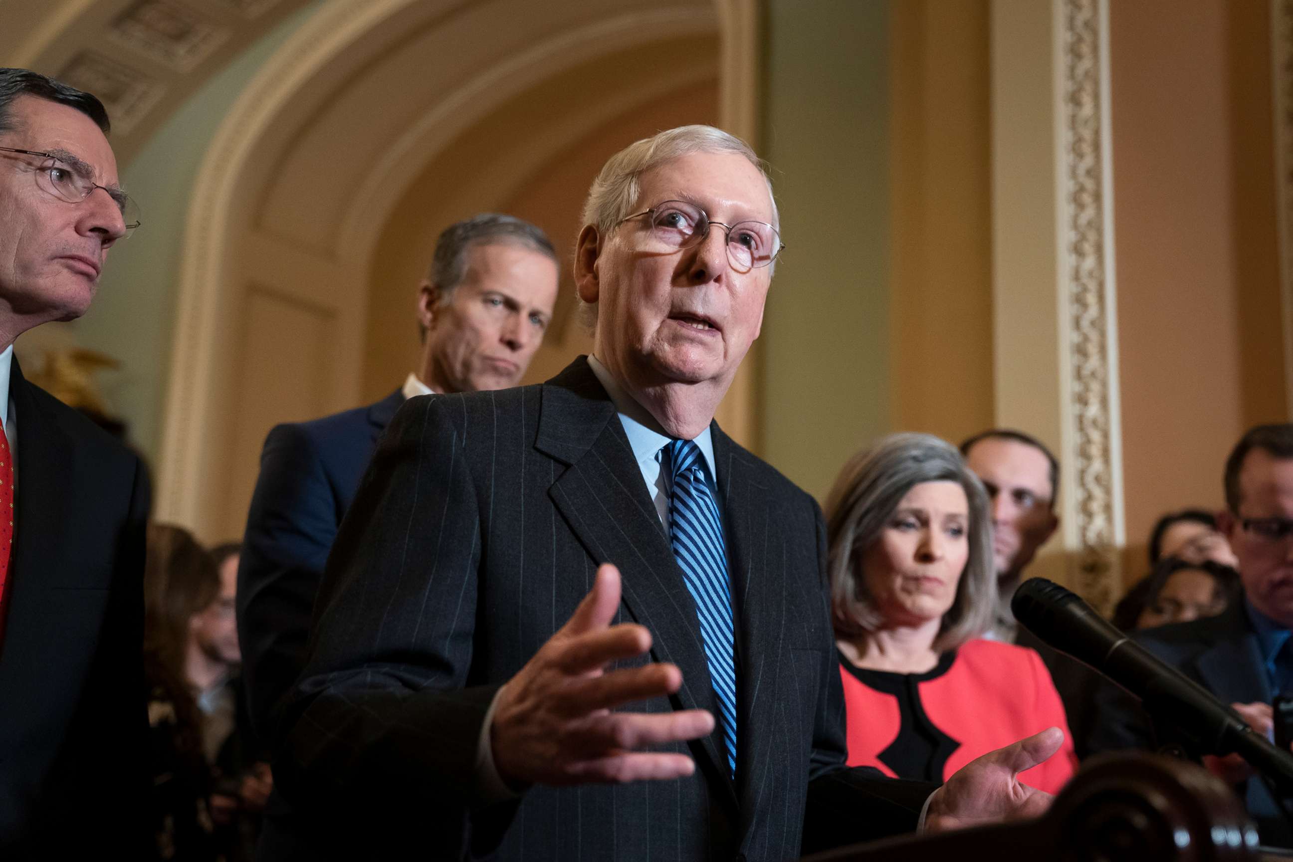 PHOTO: Senate Majority Leader Mitch McConnell tells reporters he has secured enough Republican votes to start President Donald Trump's impeachment trial and postpone a decision on witnesses and documents Democrats want, at the Capitol, Jan. 7, 2020.