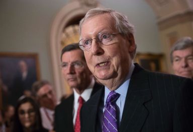 PHOTO: Senate Majority Leader Mitch McConnell, R-Ky., speaks to reporter during a news conference about the Trump administrations policy of separating families after illegal border crossings, on Capitol Hill in Washington, June 19, 2018.