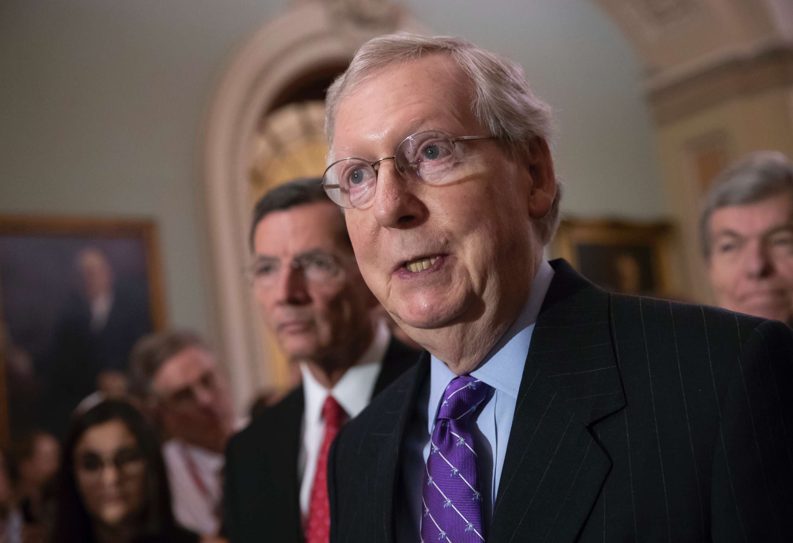 PHOTO: Senate Majority Leader Mitch McConnell, R-Ky., speaks to reporter during a news conference about the Trump administration's policy of separating families after illegal border crossings, on Capitol Hill in Washington, June 19, 2018.