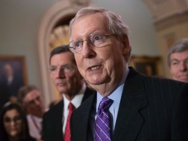 PHOTO: Senate Majority Leader Mitch McConnell, R-Ky., speaks to reporter during a news conference about the Trump administrations policy of separating families after illegal border crossings, on Capitol Hill in Washington, June 19, 2018.