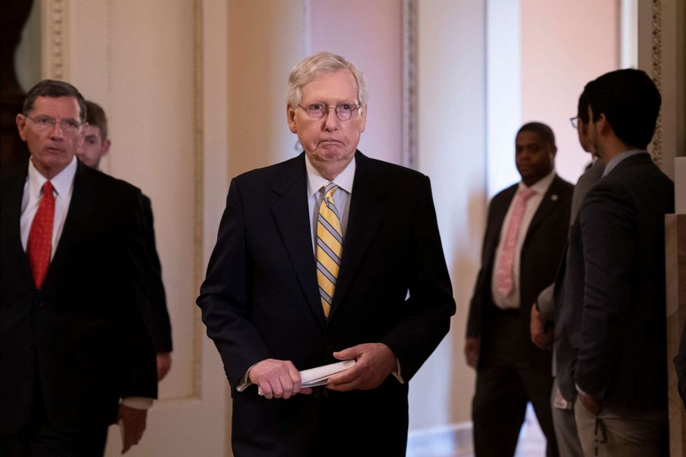 PHOTO: Senate Majority Leader Mitch McConnell arrives to speak to reporters during a news conference at the Capitol in Washington, Sept. 17, 2019.