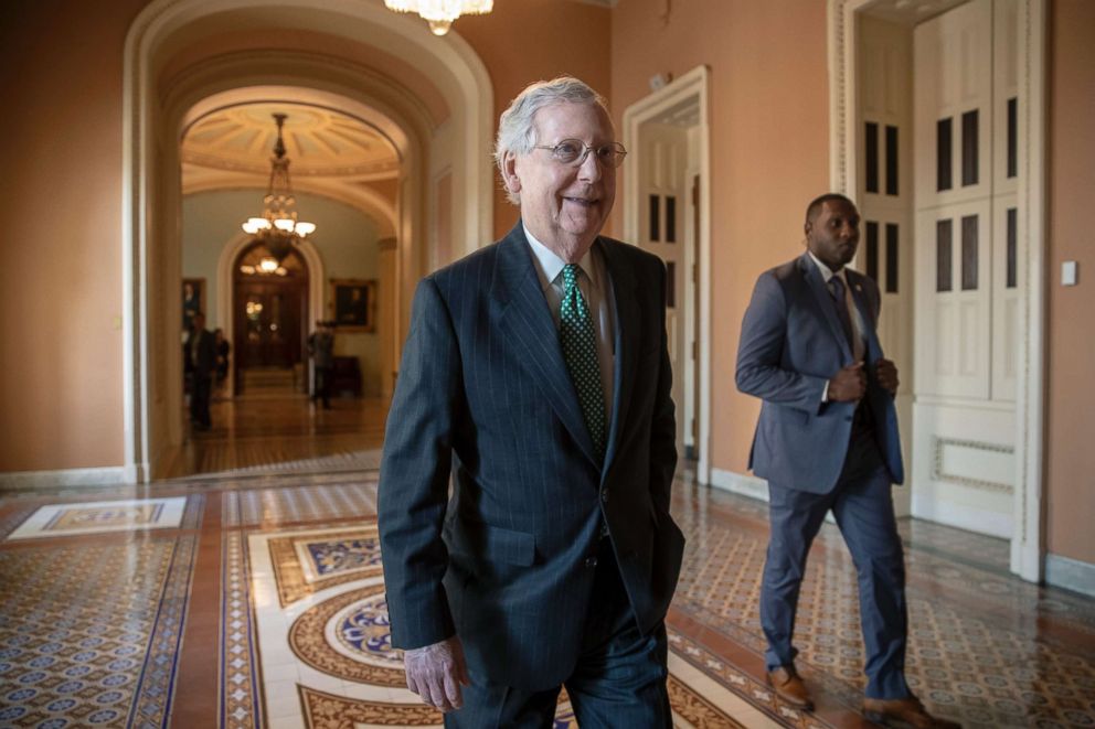 PHOTO: Senate Majority Leader Mitch McConnell walks at the Capitol in Washington, Oct. 3, 2018.