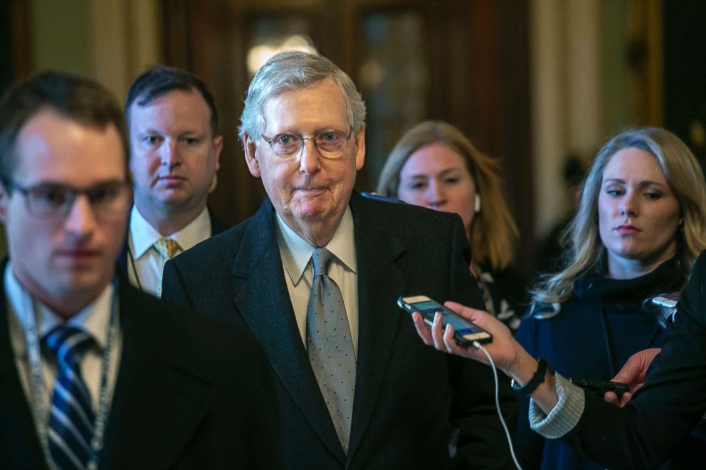 PHOTO: Senate Majority Leader Mitch McConnell leaves the chamber after speaking about his plan in the standoff between Trump and Democrats that has led to a partial government shutdown at the Capitol in Washington, Jan. 22, 2019.