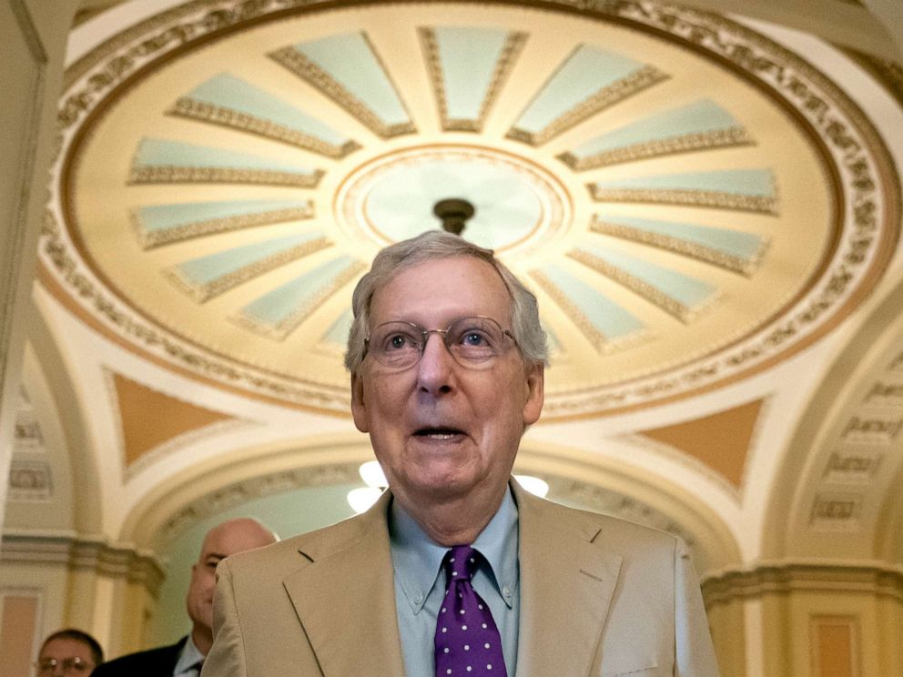 PHOTO: Senate Majority Leader Mitch McConnell walks to his office after speaking on the Senate floor at the Capitol in Washington, June 20, 2019.