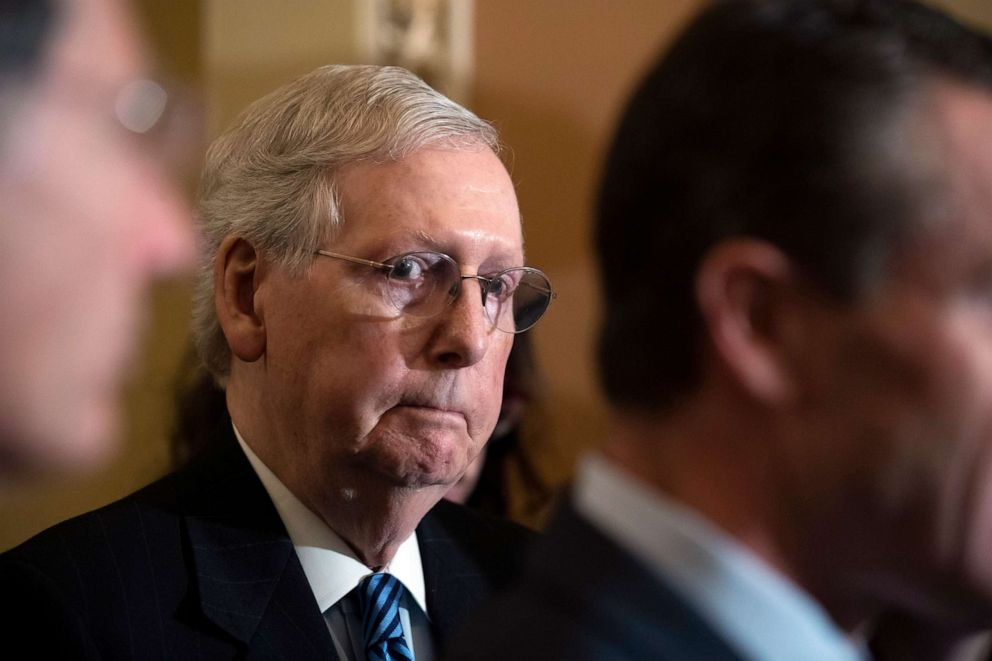 PHOTO: Senate Majority Leader Mitch McConnell stands with members of the Republican caucus as they speak with reporters, Dec. 3, 2019, in Washington.