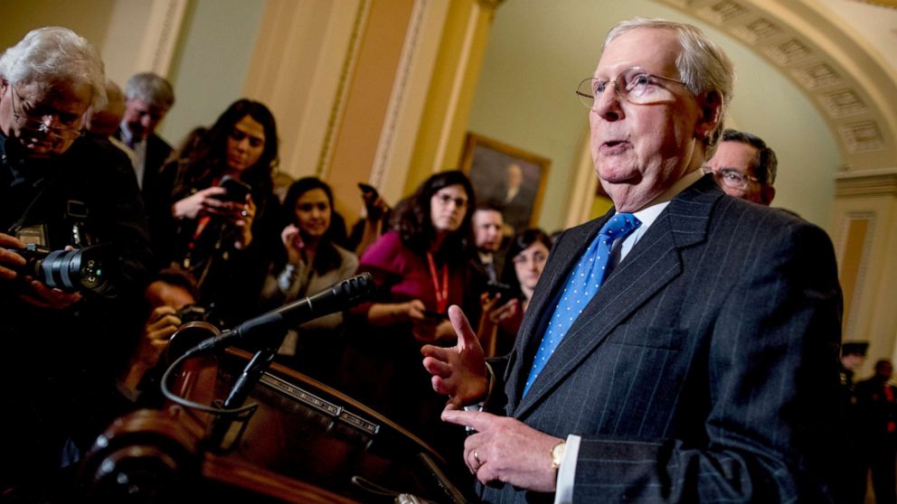 PHOTO: Senate Majority Leader Mitch McConnell speaks to reporters, Dec. 10, 2019, on Capitol Hill in Washington.