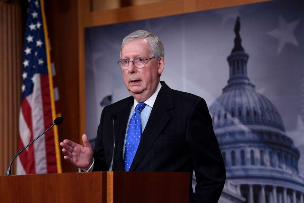 PHOTO: Senate Majority Leader Mitch McConnell of Ky., speaks during a news conference on Capitol Hill in Washington, March 17, 2020.