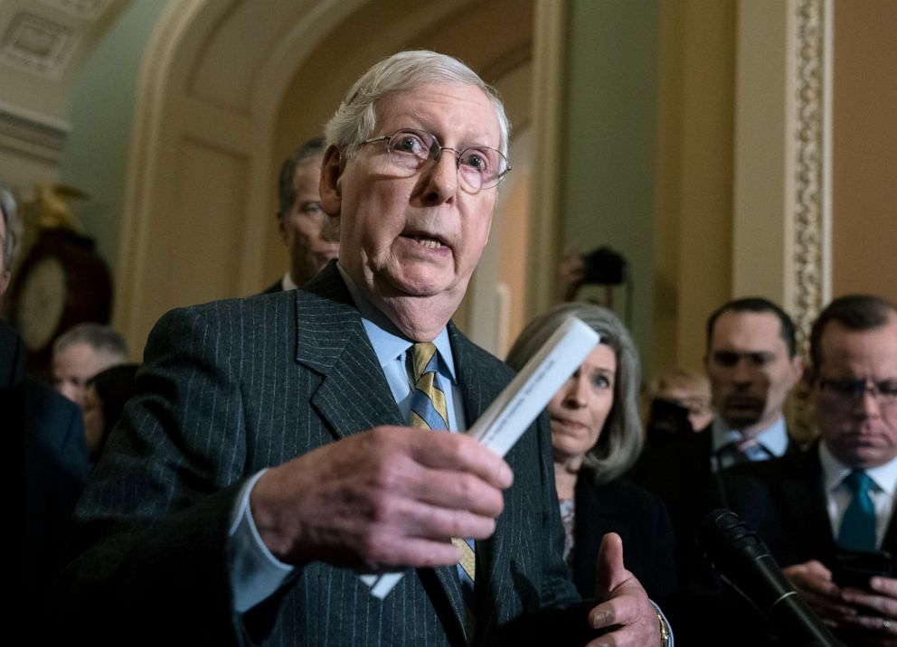 PHOTO: Senate Majority Leader Mitch McConnell meets with reporters as the House prepares to send the articles of impeachment against President Donald Trump to the Senate, at the Capitol in Washington, Jan. 14, 2020.