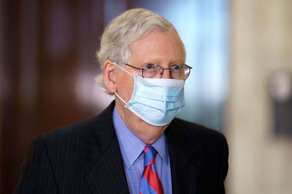 PHOTO: Senate Minority Leader Mitch McConnell leaves a meeting with fellow Republicans on Capitol Hill in Washington, April 29, 2021.