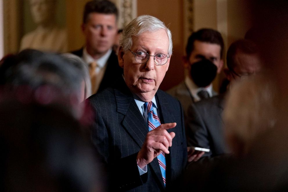 PHOTO: Senate Minority Leader Mitch McConnell speaks to reporters after a Republican strategy meeting at the Capitol in Washington, Oct. 19, 2021.