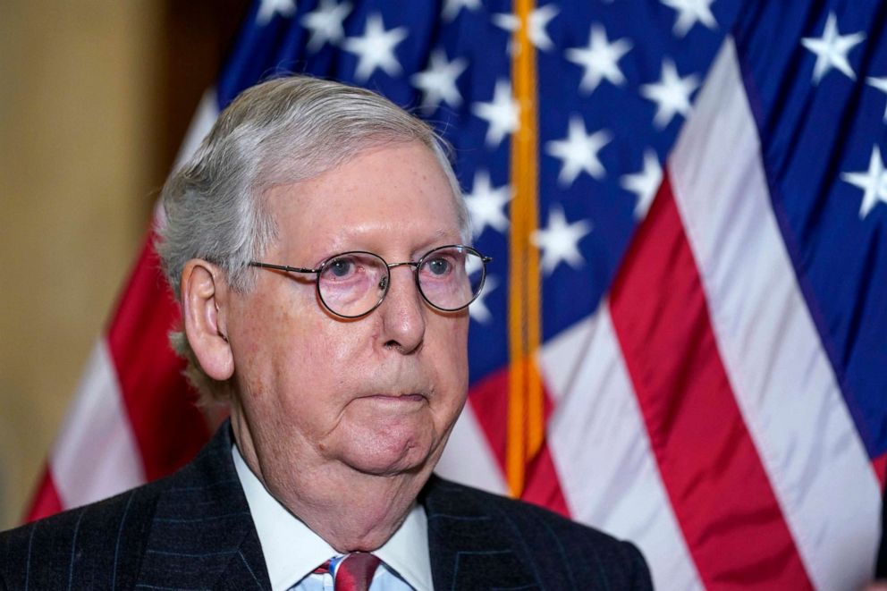 PHOTO: Senate Minority Leader Mitch McConnell arrives to speak to reporters on Capitol Hill in Washington, Feb. 8, 2022.