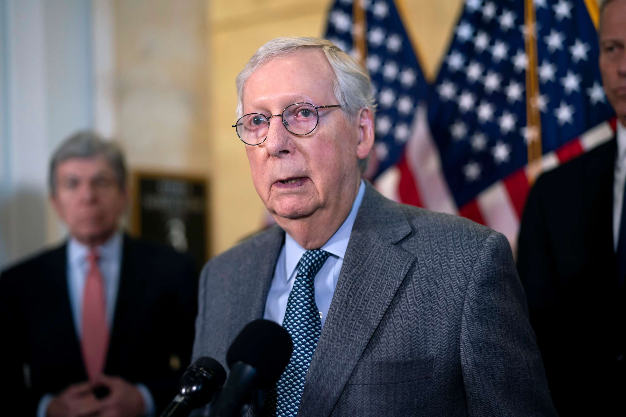 PHOTO: Senate Minority Leader Mitch McConnell speaks to reporters after a Republican strategy meeting at the Capitol in Washington, Feb. 15, 2022.