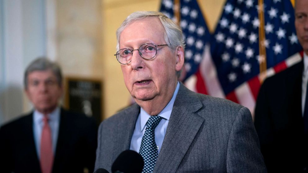 PHOTO: Senate Minority Leader Mitch McConnell speaks to reporters after a Republican strategy meeting at the Capitol in Washington, Feb. 15, 2022.