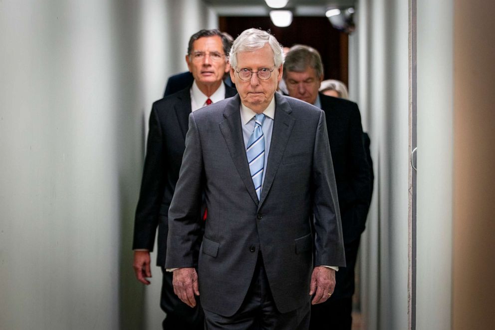 PHOTO: Senate Minority Leader Mitch McConnell arrives to speak to reporters Sept. 7, 2022, ahead of a news conference on Capitol Hill in Washington.