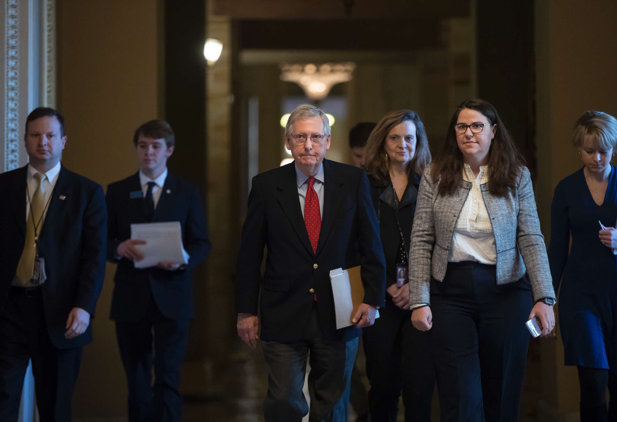 PHOTO: Senate Majority Leader Mitch McConnell walks to the chamber on the first morning of a government shutdown after a divided Senate rejected a funding measure last night, at the Capitol in Washington, D.C., Jan. 20, 2018.