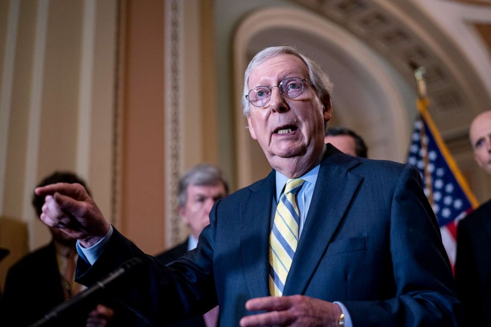 PHOTO: Senate Minority Leader Mitch McConnell joined by the GOP leadership, meets with reporters at the Capitol in Washington, D.C., May 3, 2022.