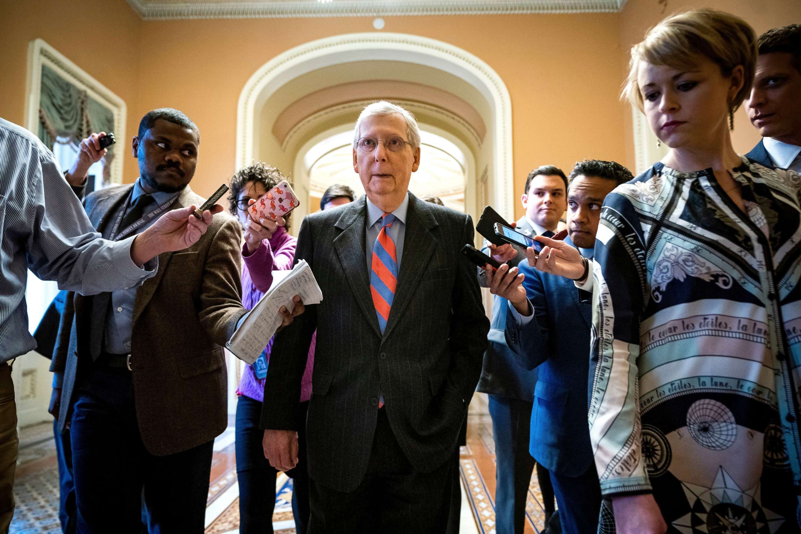 PHOTO: Republican Senate Majority Leader Mitch McConnell leaves the Senate floor after the vote on a budget bill that could avert a government shutdown at the US Capitol in Washington, Feb. 14, 2019.